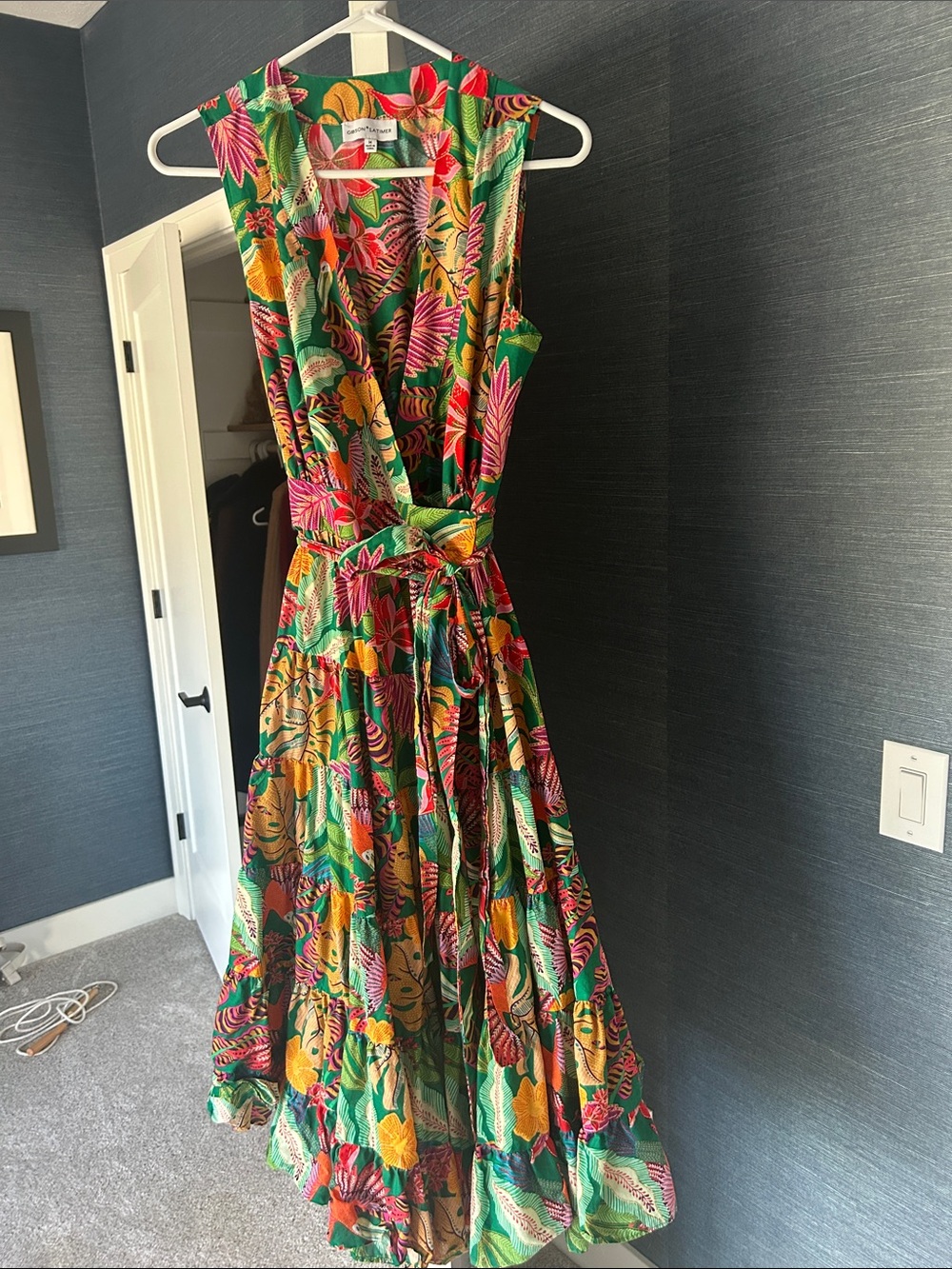 Gibson Latimer Green Tropical Floral Wrap Maxi Dress with Pink & Yellow Accents